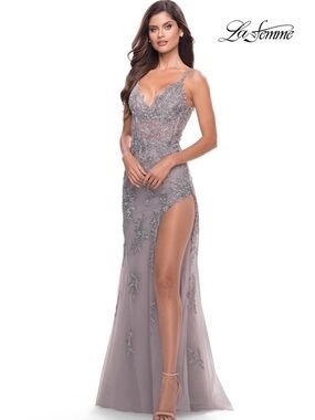 La Femme Silver Beaded Sheer Bodice High-Slit Evening Gown
